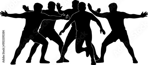 Kabaddi raider surrounded by defenders in action silhouette isolated on white background vector
