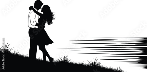 Romantic couple silhouette vector illustration, embracing near water design, love and intimacy artwork, tranquil nature scene, decorative emotional relationship symbol