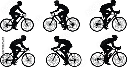 Cyclist silhouette vector illustration, bicycle riding posture design, competitive racing artwork, casual commuting concept, decorative cycling symbol collection