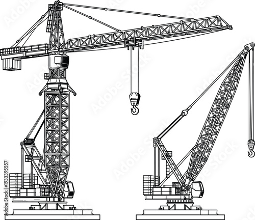 Construction crane silhouette vector illustration, tower and crawler crane design, heavy lifting artwork, engineering concept, decorative industrial symbol collection