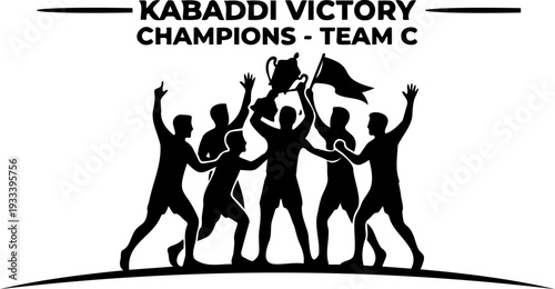 Kabaddi victory champions team C celebrating with trophy and flag silhouette isolated on white background vector
