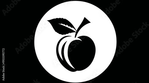 A black and white graphic of an apple inside a white circle on a black background
