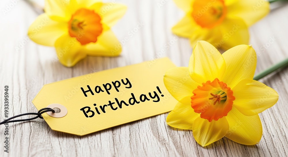 Naklejka premium Happy birthday celebration with yellow daffodils and gift tag on wooden table