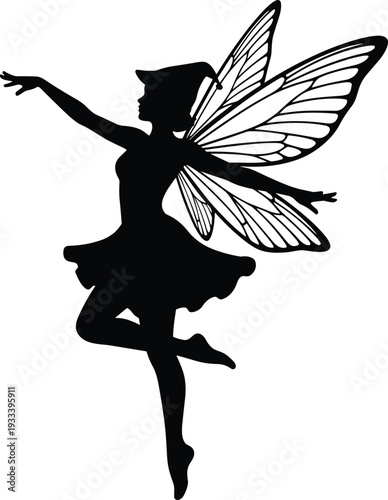 Stylized fairy silhouette vector illustration, whimsical fantasy design, butterfly wings artwork, folklore inspiration, magical dance pose, decorative mystical character symbol