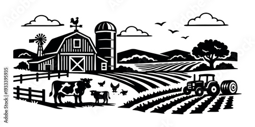 Farm illustrating rural life with buildings, livestock, and a tractor working in the fields, representing agriculture and food production
