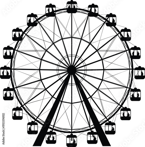 Ferris wheel silhouette vector illustration, amusement park ride design, carnival attraction artwork, decorative fairground concept, geometric entertainment symbol
