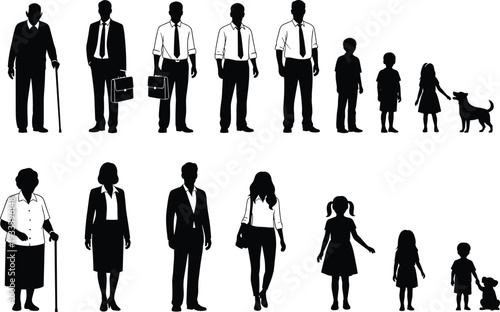 Human life stages silhouette vector illustration, childhood to old age design, professional roles artwork, family and companionship concept, decorative generational symbol