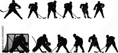 Ice hockey player silhouette vector illustration, goalie and skater design, sports action artwork, competitive game concept, decorative athletic symbol collection