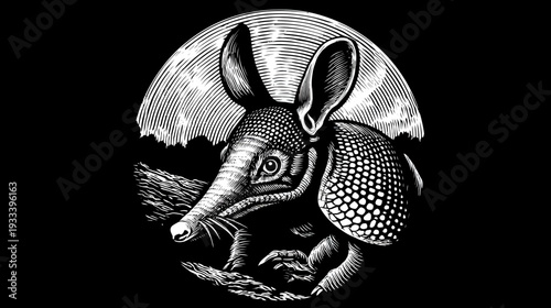 A stark, black and white linocut portrait of an armadillo within a circular background