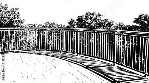 A black and white depiction of a curved wooden deck with railings, overlooking trees