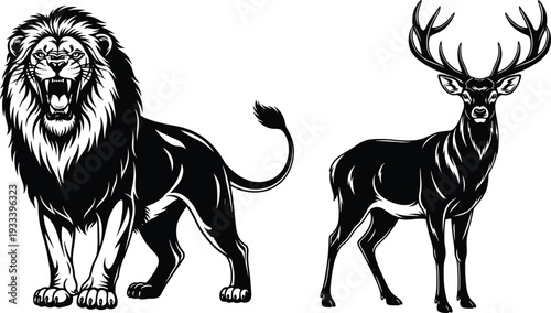 Lion and deer silhouette vector illustration, roaring predator and calm prey design, wildlife contrast artwork, symbolic power versus grace concept