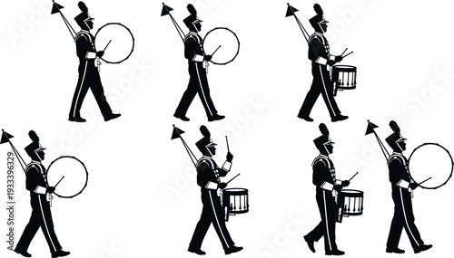 Marching band drummer silhouette vector illustration, bass and snare drum design, parade performance artwork, musical rhythm concept, decorative musician symbol collection
