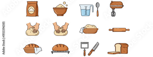 Step-by-Step Bread Baking Process Icon Set from Raw Ingredients to Fresh Loaf