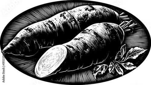 Monochrome illustration of two root vegetables on a plate, one cut, with leaves
