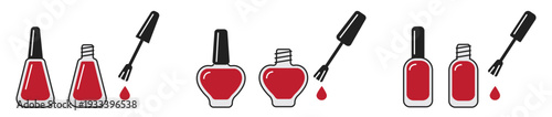 Bottle of red nail polish with brush icon set in flat style. Beauty cosmetic symbol isolated on transparent background, editable stroke vector for manicure, spa and salon design.