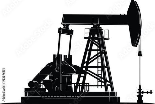 Oil pumpjack silhouette vector illustration, crude extraction design, petroleum industry artwork, energy production concept, decorative drilling symbol, industrial machinery collection