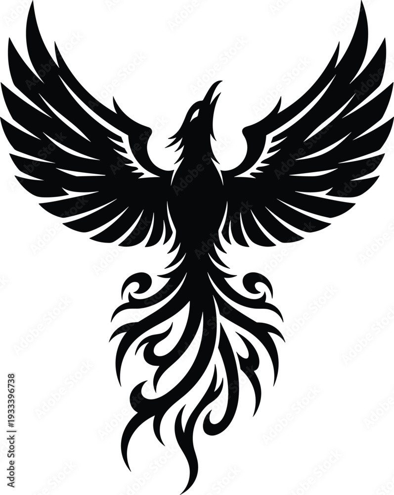 Obraz premium Stylized phoenix silhouette vector illustration, mythical bird design, rebirth and renewal concept, flame-like ornate wings, tattoo art, logo inspiration, resilience symbol