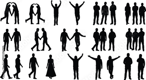 Silhouette people poses, walking standing jumping, handshake holding hands, social interaction illustration, vector art, human posture design, creative movement silhouettes, expressive body language