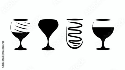 A monochrome illustration of four stylized wine glasses, each with a unique design and shape