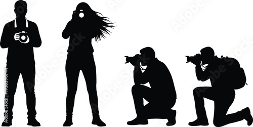 Silhouette photographers with cameras, standing crouching kneeling poses, photography stances illustration, vector art, creative photo shooting design, professional lifestyle silhouettes