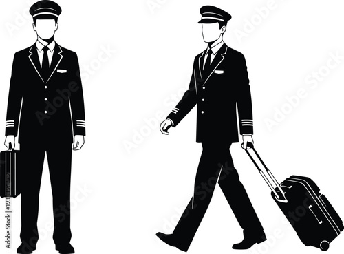 Silhouette airline pilots, aviation professionals with suitcase, walking standing poses, travel industry illustration, vector art, uniform design, corporate aviation workplace, flight crew silhouettes