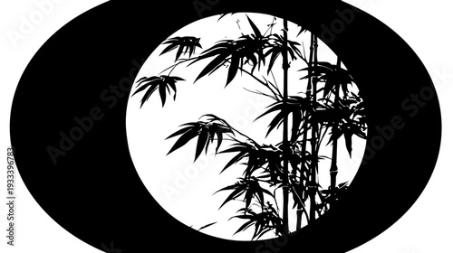 Silhouetted bamboo stalks and leaves within an oval, contrasting black and white