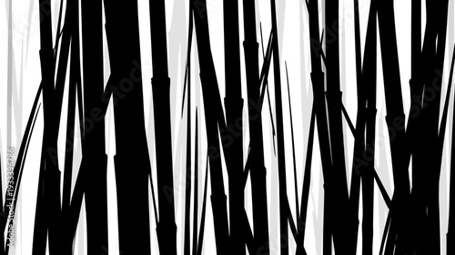A monochrome illustration showcasing an abstract arrangement of slender, vertical bamboo stalks