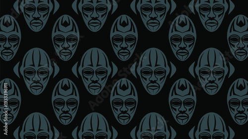 Mysterious pattern of tribal masks on black background