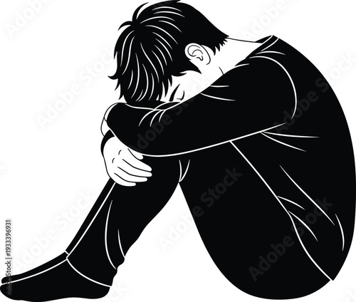 Introspective silhouette vector illustration, person sitting withdrawn design, solitude and reflection artwork, emotional mental health concept, contemplative posture symbol