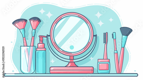 A stylized illustration depicting beauty essentials brushes, mirror, and toiletries. Pastel hues and clean lines