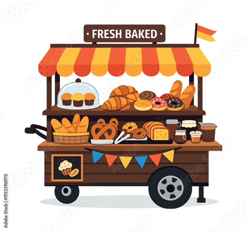 Bakery food stand offering a selection of pastries, sweets, and bread, conveying street vending business