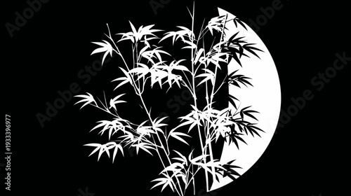 Silhouetted illustration of bamboo branches and leaves against a stark black background