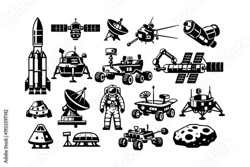 Set of monochrome space exploration icons on a minimalistic backdrop, featuring spacecraft, tools, and a cosmonaut