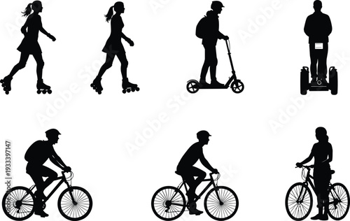 Silhouette personal transportation, roller skating scooter Segway bicycle, urban mobility illustration