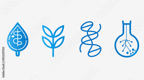Four stylized blue icons on white background leaf, branch, DNA helix, and lab flask