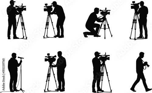 Videography silhouette vector illustration, camera operator design, media production artwork, journalism concept, decorative filming symbol, creative video recording collection