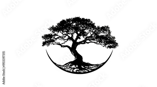 Silhouette of a stylized tree with roots and foliage inside a crescent, on a white background