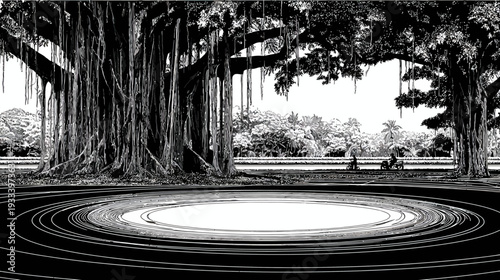 A monochrome illustration depicting a massive tree with aerial roots, and a pond