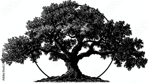 Silhouetted, detailed black tree with spreading branches and a thick trunk against white