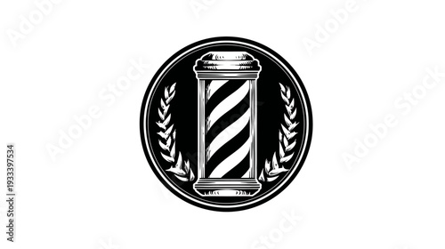 A black and white barbershop emblem featuring a barber pole, a laurel wreath, and a circular border