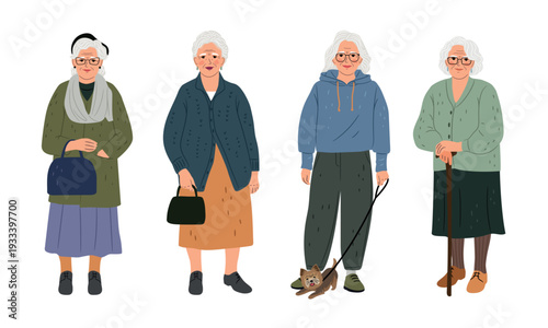 Beautiful elderly women set. Collection of cute grandmothers. Beauty of senior age old people