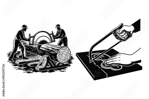 Lumberjacks Sawing Log and Handsaw