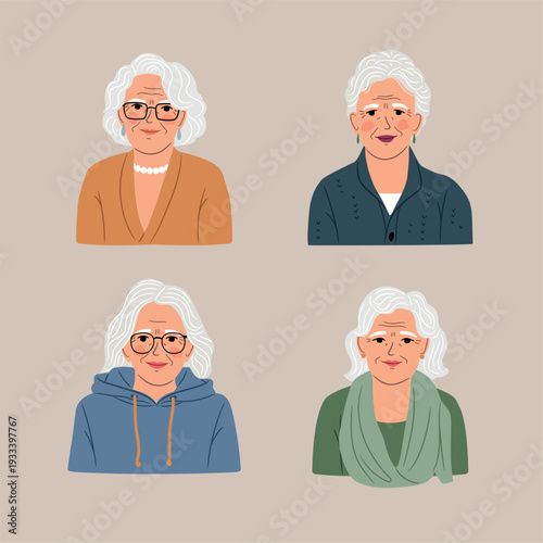 Collection of portraits with gray hair seniors women. Concept vector illustration of the age beauty. Set of different cute grandmothers