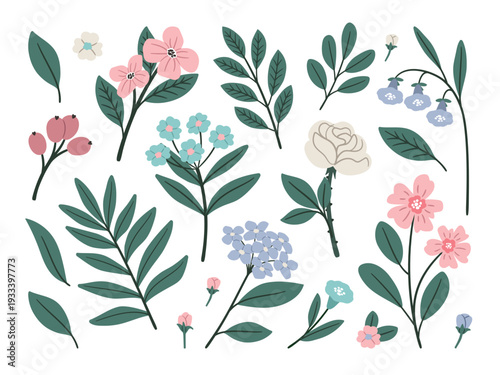 Collection of delicate flowers and branches. Romantic botanical set with green leaves vector illustration