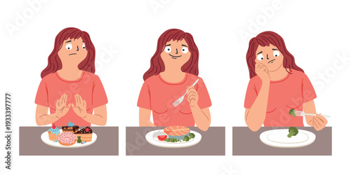Concept vector illustration about nutrition culture and a healthy lifestyle. A happy woman eating healthy food. A sad woman on a diet with broccoli on a plate. Refusal of unhealthy food