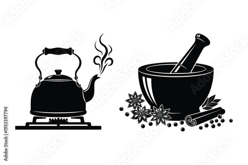 Kettle Boiling and Mortar with Spices