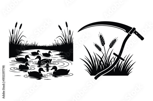 Ducks in Pond and Scythe with Wheat