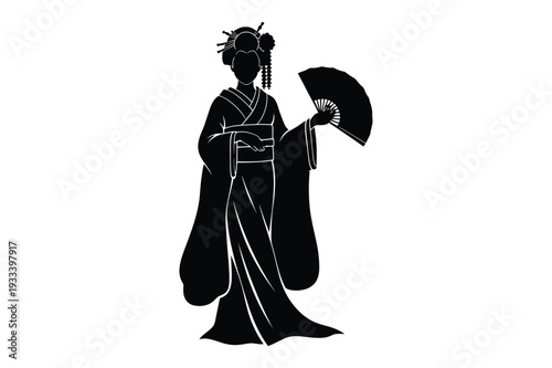 Geisha holding fan, traditional Japanese attire