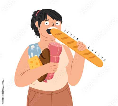 Overweight woman in an attack of compulsive overeating. Binge eating vector illustration of weight loss