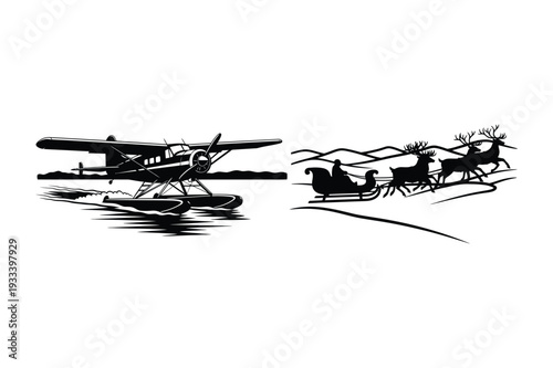 Seaplane Landing and Santa's Sleigh with Reindeer